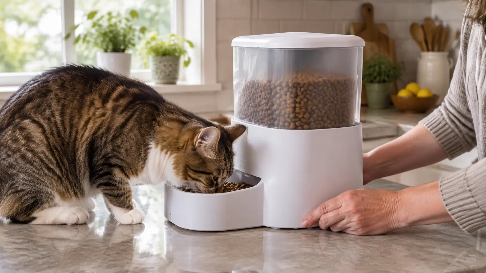 A cat eating kibble from the tray of an automatic feeder on a kitchen counter