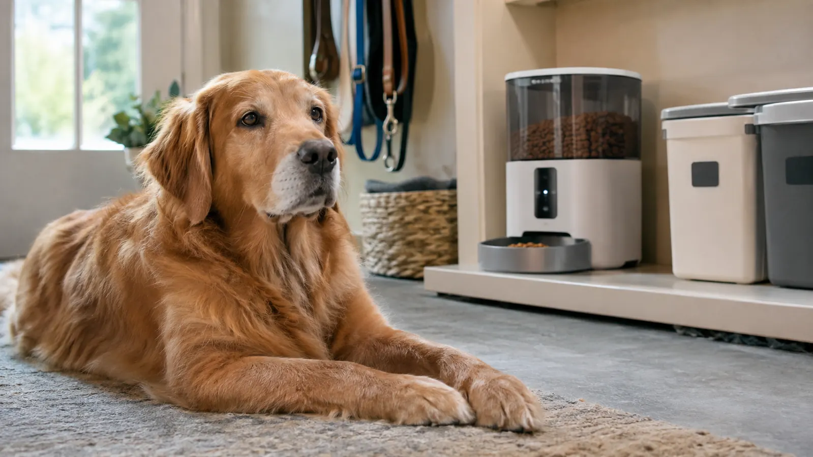 Automatic feeder on a counter in a mudroom while a large dog lies on the floor nearby