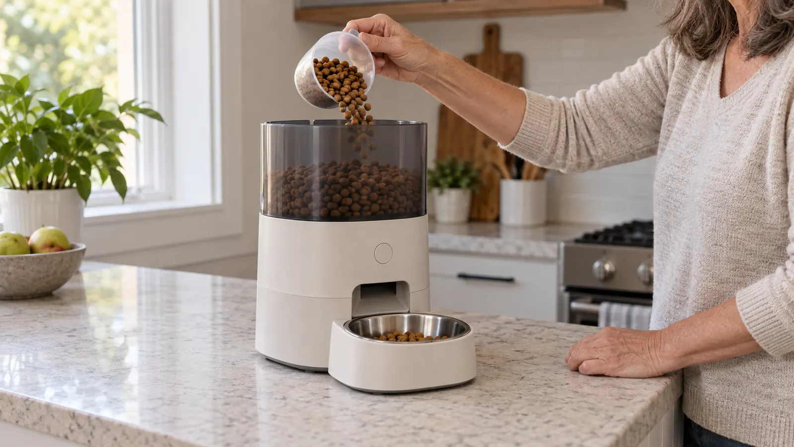 Hand pouring dry kibble into the top of an automatic pet feeder on a kitchen counter