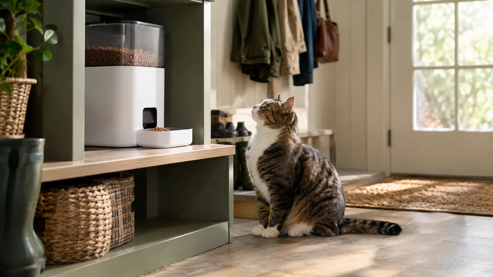 Cat sitting on the floor looking up at an automatic pet feeder on a low shelf