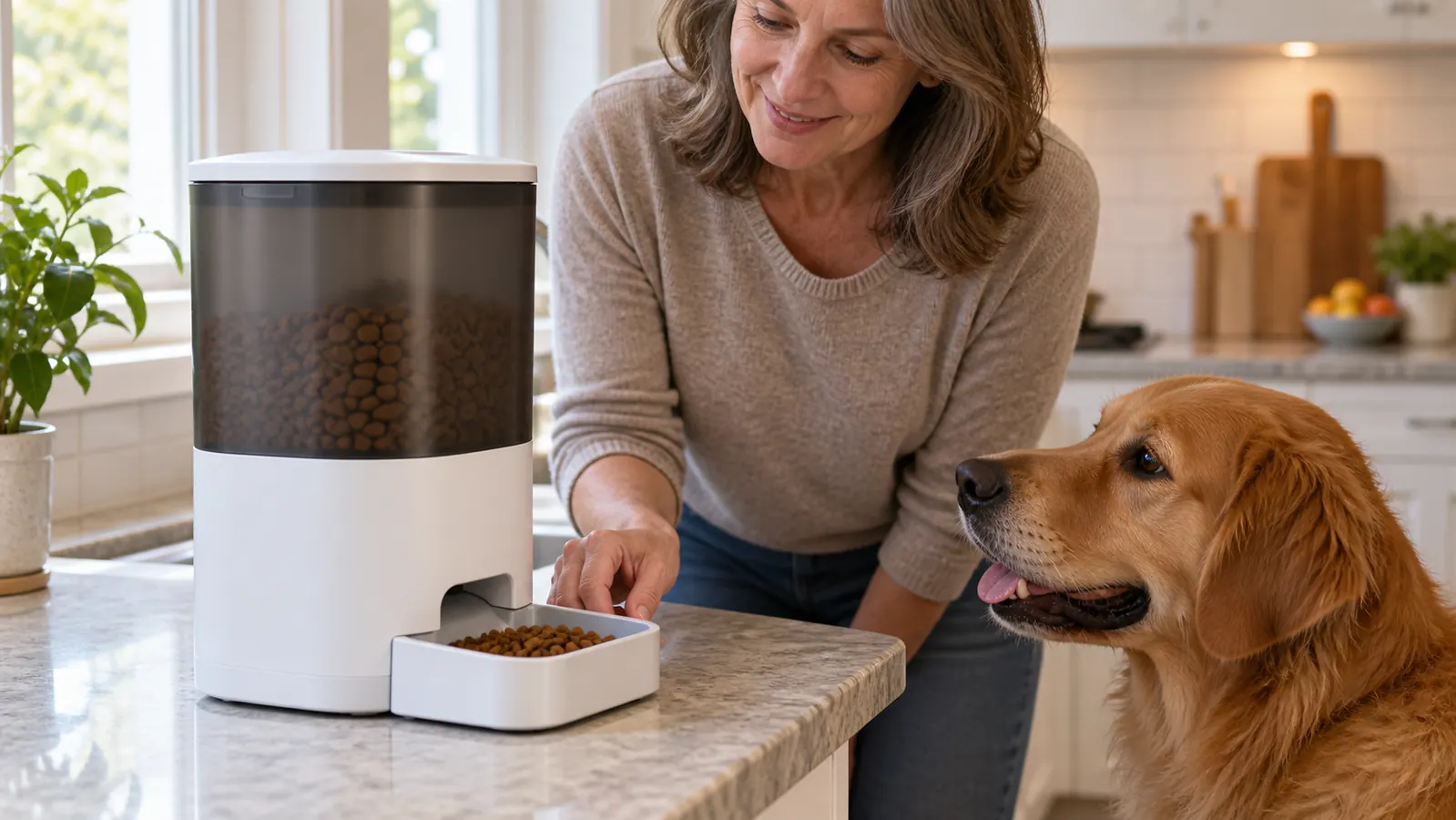 Close view of an automatic pet feeder with dry kibble in its tray and a large dog watching beside it
