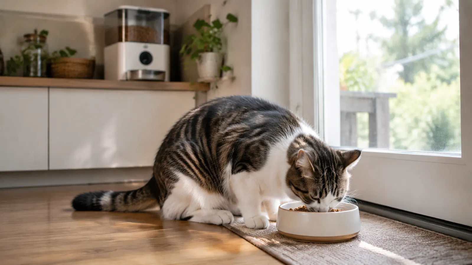 A cat eating from a bowl near an automatic pet feeder in a bright corner of a home